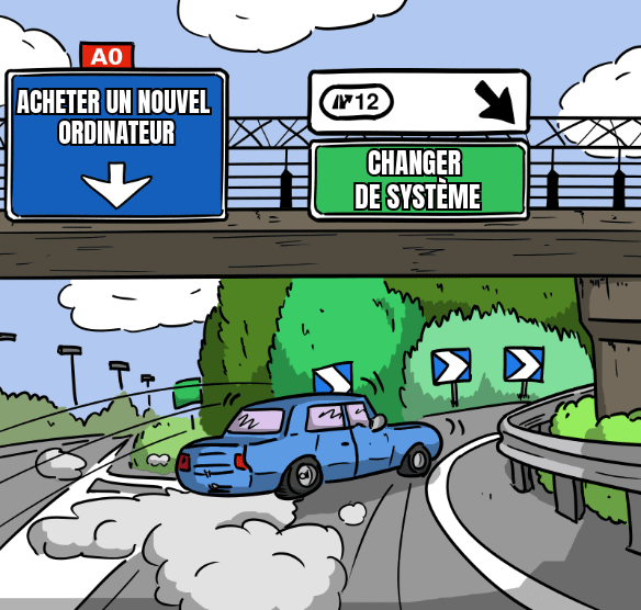 Mème : sur l'autoroute, un panneau indique « Acheter un nouvel  ordinateur » tout droit et « Changer  de système » sur la sortie à droite. Une voiture taguée «  » fait un dérapage pour prendre la sortie.